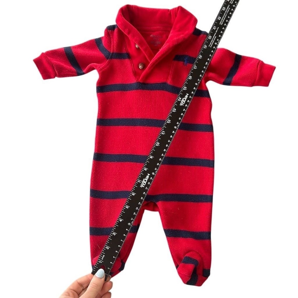 Ralph Lauren Baby Red Navy Striped Footed Pajama Onesie Collar Logo 3M 60 - Picture 5 of 8
